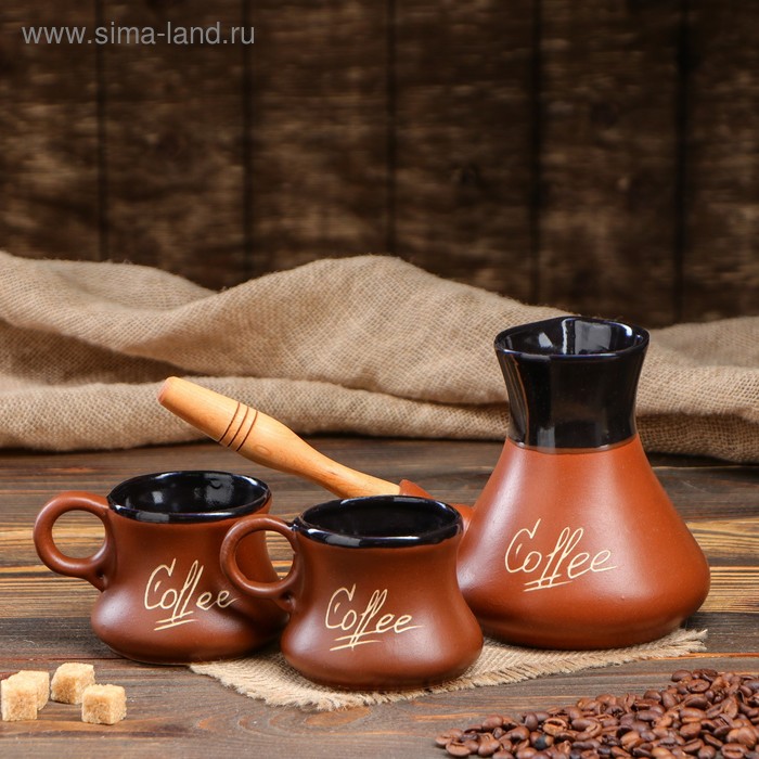 Кофейный набор 3 предмета, коричневый, турка 0.65 л, чашка 0.2 л,1 сорт - Фото 1