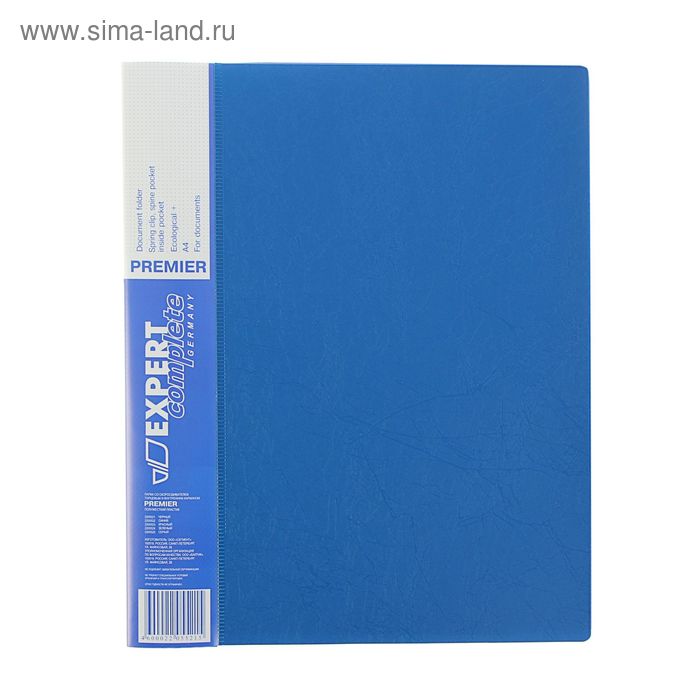 Папка с боковым пружинным скоросшивателем А4 EC Premier, 550мкм, внутренний и торцевой карманы, текстура ID, синяя - Фото 1