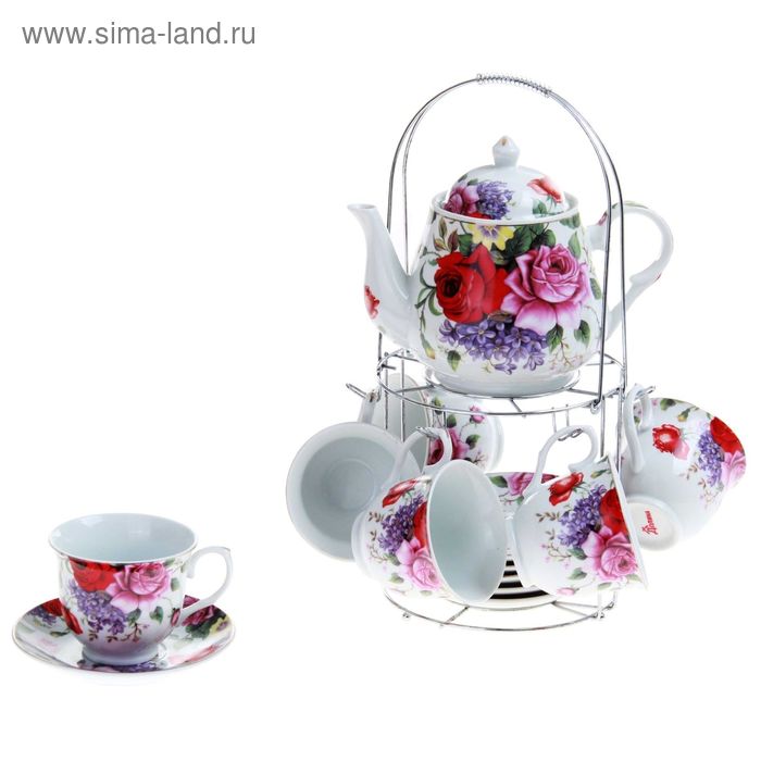 Сервиз чайный "Страстная роза", 13 предметов на подставке: 6 чашек 250 мл, 6 блюдец, чайник 1 л - Фото 1