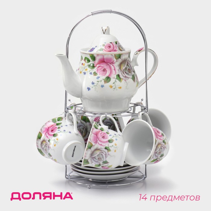 Сервиз керамический чайный на металлической подставке Доляна «Томная роза», 13 предметов: 6 чашек 230 мл, 6 блюдец d=14,2 см, чайник 1 л, цвет белый - Фото 1