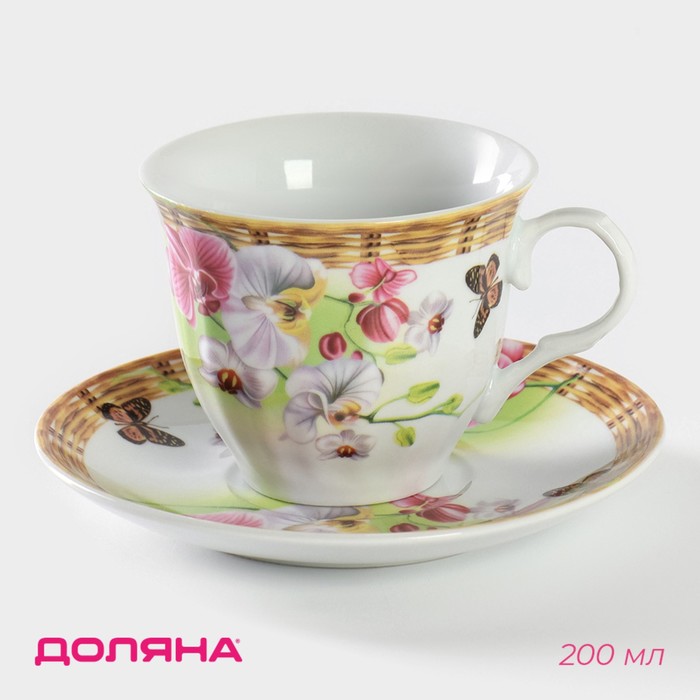 Чайная пара керамическая Доляна «Садовый дворик», 2 предмета: чашка 200 мл, блюдце d=14,1 см, цвет разноцветный - Фото 1
