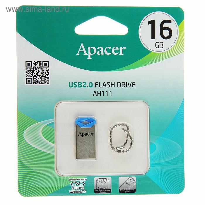 Флешка Apacer AH111, 16 Гб, USB2.0, чт до 25 Мб/с, зап до 15 Мб/с, голубая - Фото 1