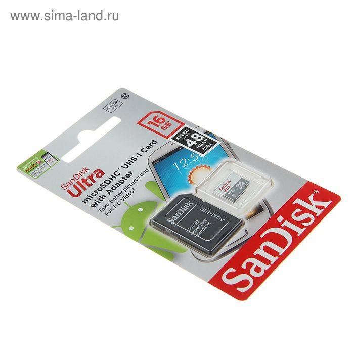 Карта памяти SanDisk microSD, 16 Гб, SDHC, UHS-I, до 48 Мб/с, класс 10, с адаптером SD - Фото 1