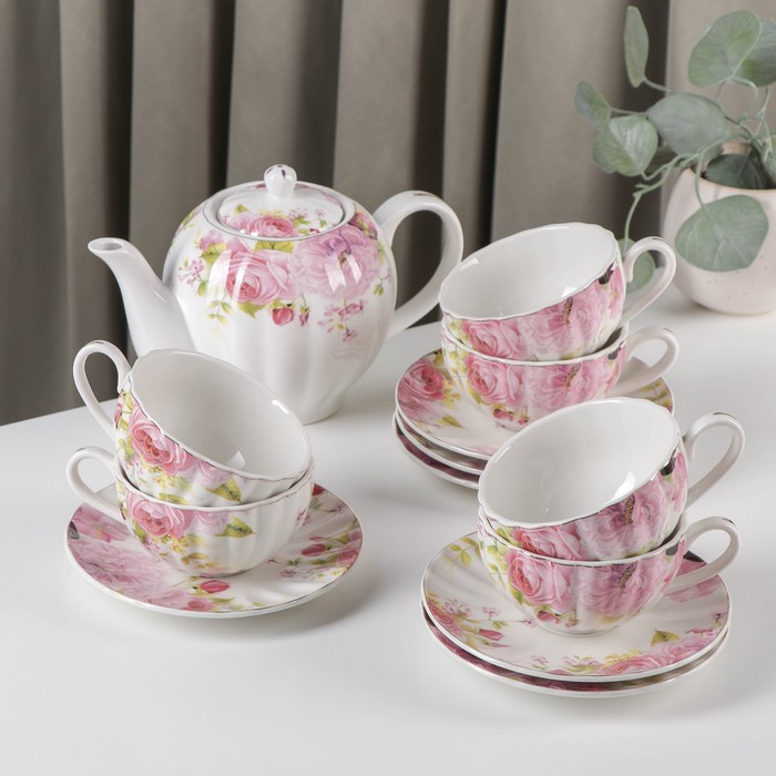 Сервиз фарфоровый чайный Доляна «Вдохновение», 13 предметов: 6 чашек 250 мл, 6 блюдец, чайник 700 мл - Фото 1