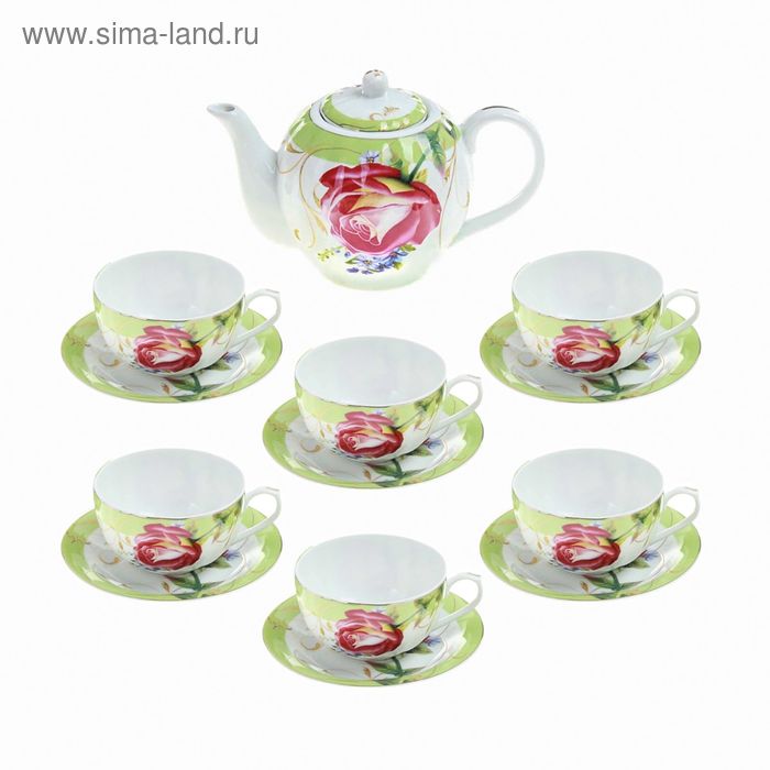 Сервиз чайный "Утренняя роза", 13 предметов: 6 чашек 250 мл, 6 блюдец, чайник 1 л - Фото 1
