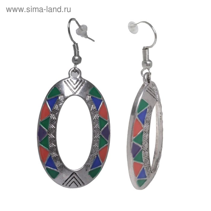 Серьги с эмалью «Овал зигзага», цветные в серебре - Фото 1