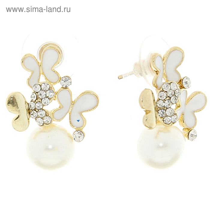 Серьги с жемчугом «Бабочки жемчужинки», цвет белый в золоте - Фото 1