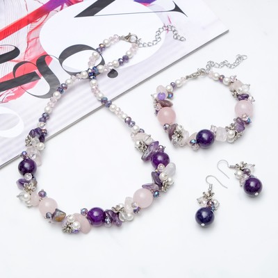 Набор 3 предмета: серьги, бусы, браслет, каменная долина «Аметист с кварцем розовым»