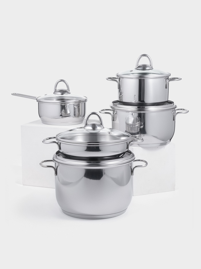 Набор посуды «Классика-прима», 5 предметов: 4 предмета: кастрюля 1 л/1.75 л/ 3 л/5 л, сковорода 1 л, индукция, нержавеющая сталь - Фото 1