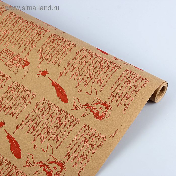 Бумага упаковочная крафт "Пушкин", красный на коричневом 70 см х 8,5 м - Фото 1