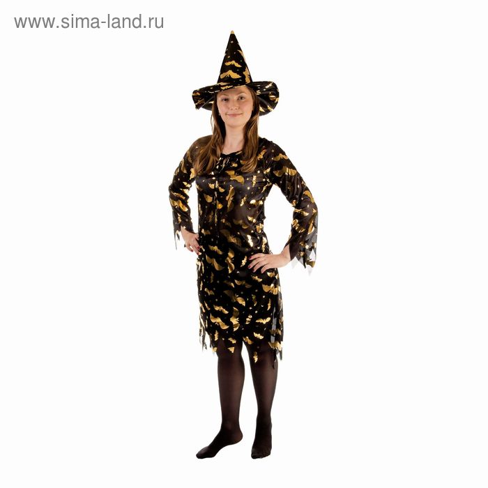 Карнавальный костюм «Ведьма», платье приталенное, шляпа, золото на чёрном, р. 46-48 - Фото 1