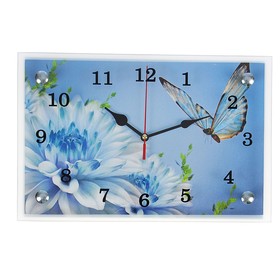 Часы-картина настенные, интерьерные "Бабочка и голубые цветы", бесшумные, 30 х 20 см