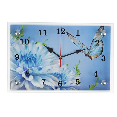Часы настеные, интерьерные "Бабочка и голубые цветы", бесшумные, 20 х 30 см