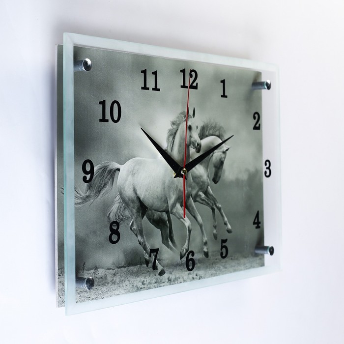 Часы настенные, серия: Животный мир, "Серые лошади", 25х35  см - фото 1905377306