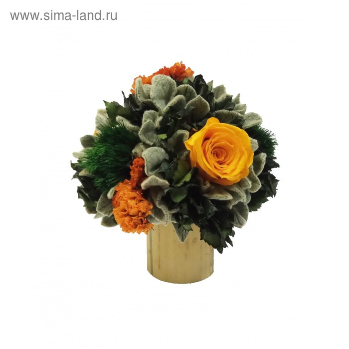 Декоративная композиция "Лимб" с ножкой из бамбука, чистец, розы, 13 х 13 х 15 см, оранжевый - Фото 1