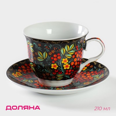 Чайная пара керамическая Доляна «Хохлома», 2 предмета: чашка 210 мл, блюдце d=14,2 см