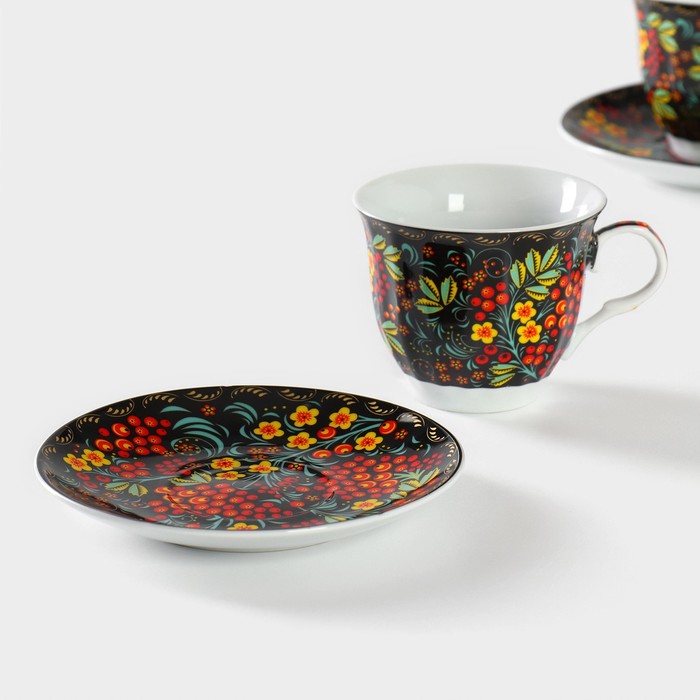 Набор керамический чайный Доляна «Русский узор», 4 предмета: 2 чашки 210 мл, 2 блюдца, цвет разноцветный - фото 1905377499