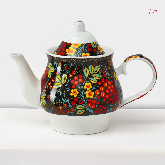 Сервиз чайный керамический на металлической подставке Доляна «Хохлома», 13 предметов: 6 чашек 210 мл, 6 блюдец d=14 см, чайник 1 л - фото 1909757370