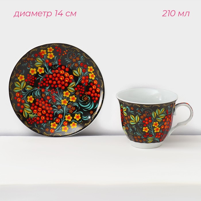Сервиз чайный керамический на металлической подставке Доляна «Хохлома», 13 предметов: 6 чашек 210 мл, 6 блюдец d=14 см, чайник 1 л - фото 1909757376