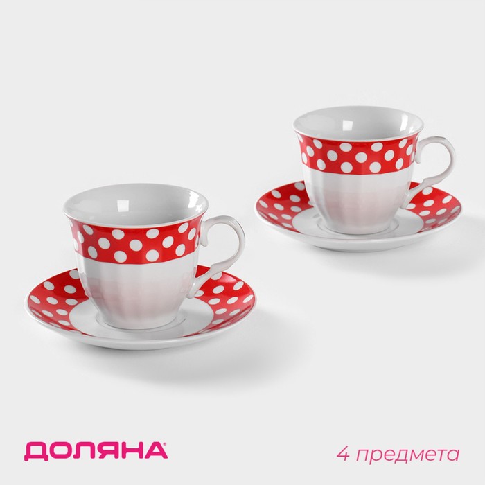 Сервиз чайный керамический Доляна «Горох», 4 предмета: 2 чашки 210 мл, 2 блюдца d=14 см, цвет красный - фото 1909757391