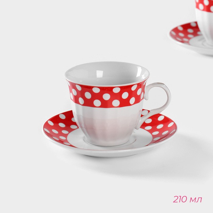 Сервиз чайный керамический Доляна «Горох», 4 предмета: 2 чашки 210 мл, 2 блюдца d=14 см, цвет красный - фото 1928766889