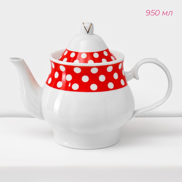 Сервиз чайный керамический на металлической подставке Доляна «Горох»,13 предметов на подставке: 6 чашек 210 мл, 6 блюдец - d=14 см, чайник 950 мл, цвет красный - фото 1909757401