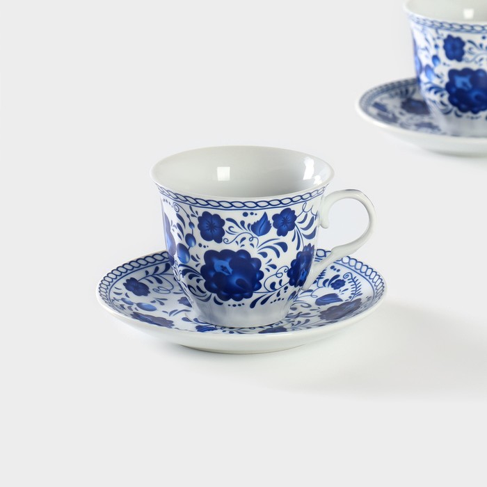 Набор чайный керамический Доляна «Русский узор», 4 предмета: 2 чашки 210 мл, 2 блюдца d=14,1 см, цвет синий - фото 1905377560