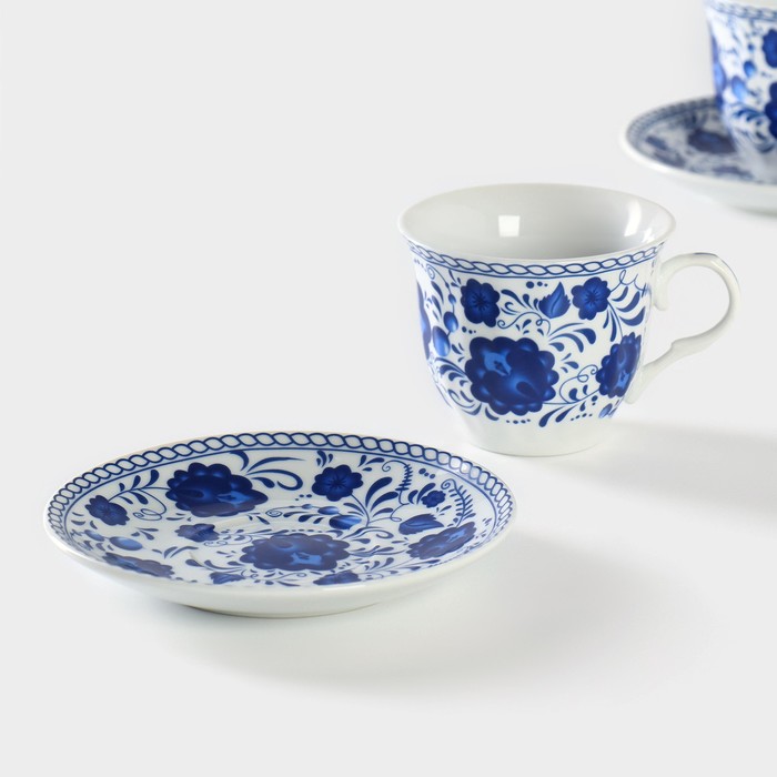 Набор чайный керамический Доляна «Русский узор», 4 предмета: 2 чашки 210 мл, 2 блюдца d=14,1 см, цвет синий - фото 1905377561
