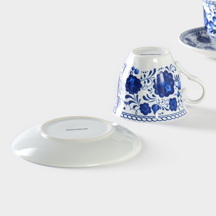 Набор чайный керамический Доляна «Русский узор», 4 предмета: 2 чашки 210 мл, 2 блюдца d=14,1 см, цвет синий - фото 1905377563