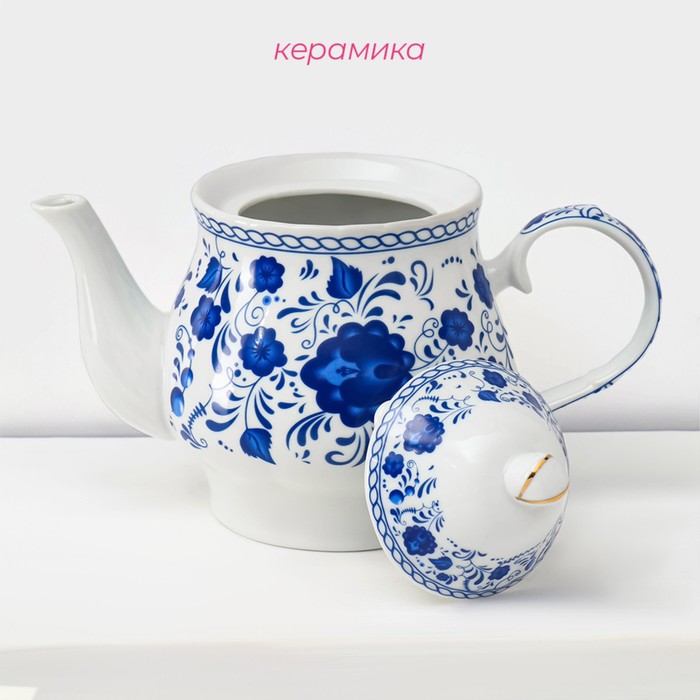 Сервиз керамический чайный Доляна «Русский узор»,13 предметов на подставке: 6 чашек 210 мл, 6 блюдец, чайник - фото 1909757433