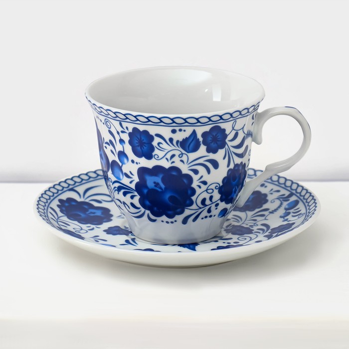 Сервиз керамический чайный Доляна «Русский узор»,13 предметов на подставке: 6 чашек 210 мл, 6 блюдец, чайник - фото 1909757436