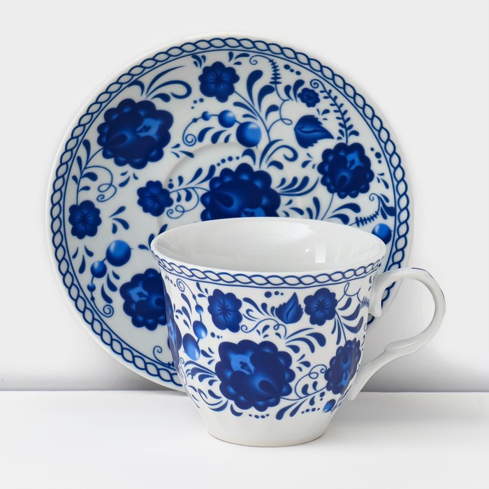 Сервиз керамический чайный Доляна «Русский узор»,13 предметов на подставке: 6 чашек 210 мл, 6 блюдец, чайник - фото 1909757437