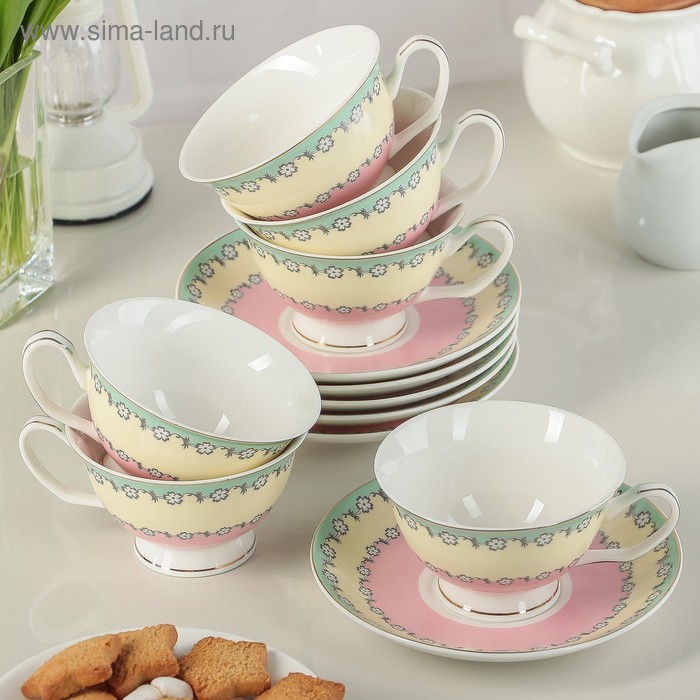 Сервиз чайный Доляна «Цветочный вальс», 12 предметов: 6 чашек 200 мл, 6 блюдец - Фото 1