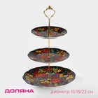 Этажёрка для фруктов и десертов Доляна «Хохлома», 3 яруса, d=15/18/23 см, h=34 см, керамика, чёрная - Фото 1