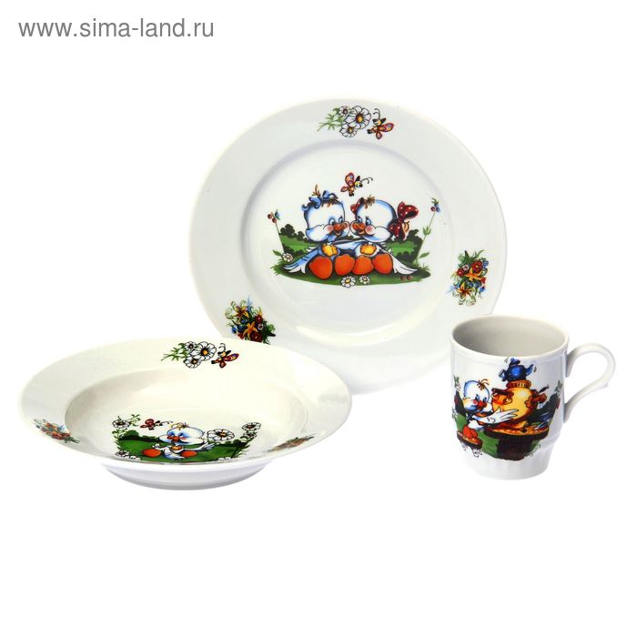 Набор посуды "Утята", 3 предмета: тарелка малая 200 мл, тарелка глубокая 200 мл, кружка 210 мл - Фото 1