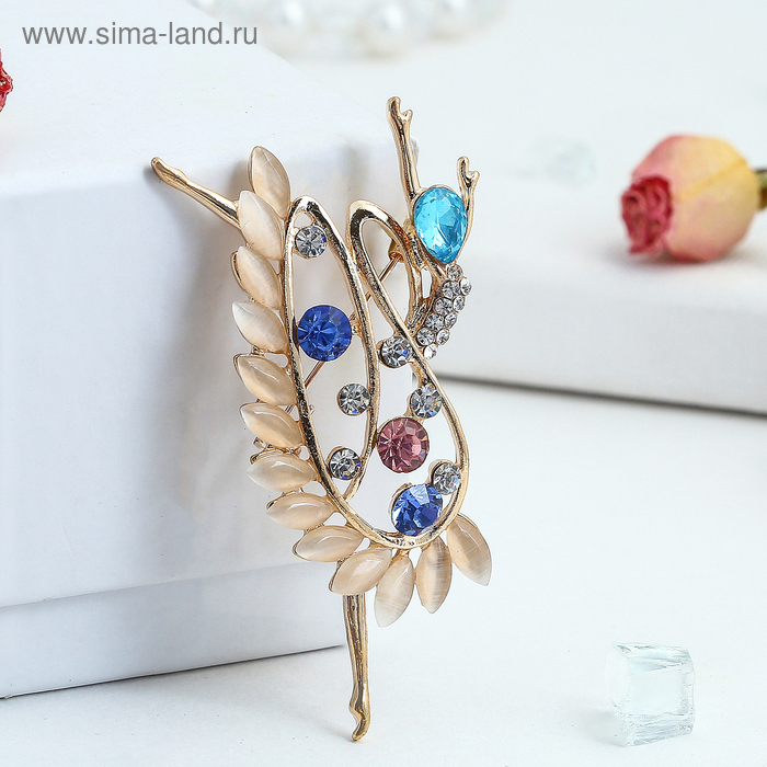 Брошь «Балерина» в камнях, цветная в золоте - Фото 1