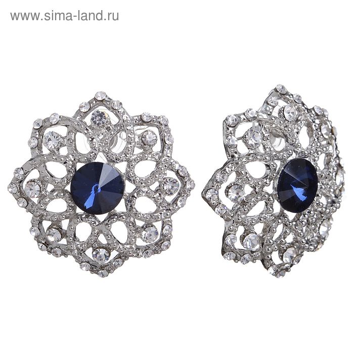 Серьги со стразами «Страсть» цветочек, цвет синий в серебре - Фото 1