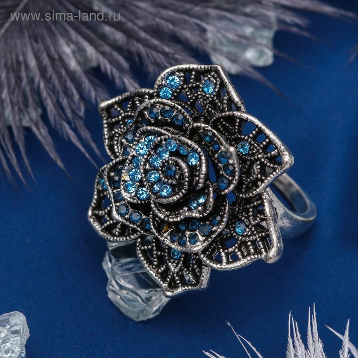 Кольцо "Цветок" роза ажурная, цвет сине-голубой в черненом серебре, размер 17, 18, 19 МИКС - Фото 1