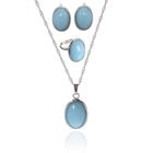 Гарнитур 3 предмета: серьги, кулон, кольцо безразмерное "Эдель" овал, цвет молочно-голубой в серебре, 45см - Фото 1