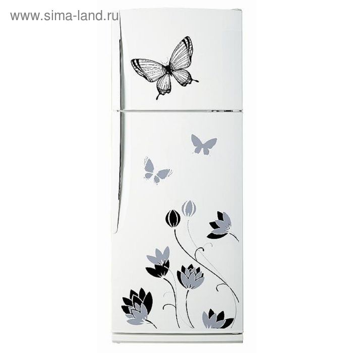 Декоративная цветная наклейка на холодильник из винила "Бабочки и цветы" - Фото 1