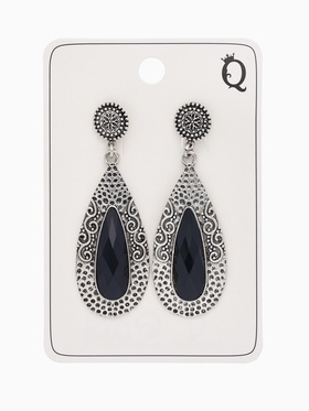 Серьги висячие со стразами «Капля» мотивы этники, цвет чёрный в чернёном серебре, 7 см