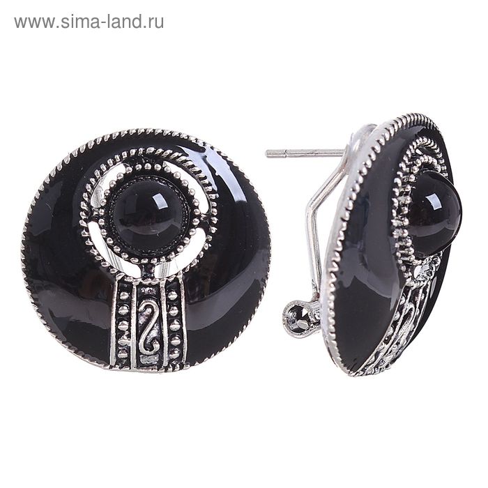 Серьги эмаль "Круг" око, цвет черный в черненом серебре - Фото 1