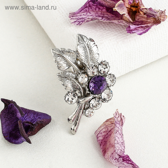 Брошь «Веточка» пробуждение, бело-фиолетовая в серебре - Фото 1