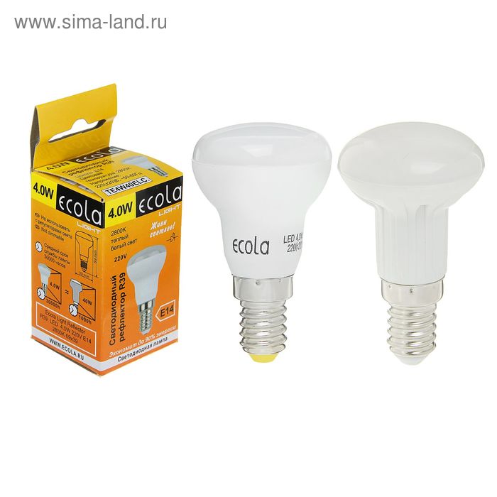 Лампа светодиодная Ecola Lightr, R39, 4 Вт, E14, 2800 К, 69х39, теплый белый - Фото 1