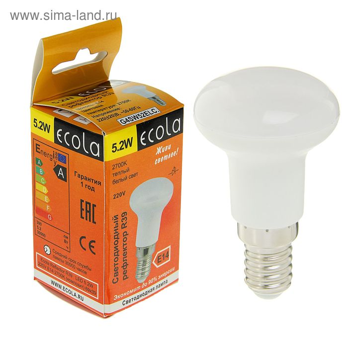Лампа светодиодная Ecola Ecola Reflector, R39, 5.2 Вт, Е14, 2700 K, 69x39 - Фото 1