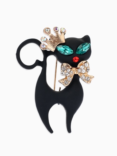 Брошь «Кошка грация», в короне, матовая, чёрная в золоте