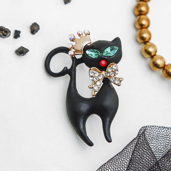 Брошь «Кошка грация», в короне, цвет матовый чёрный в золоте - Фото 1
