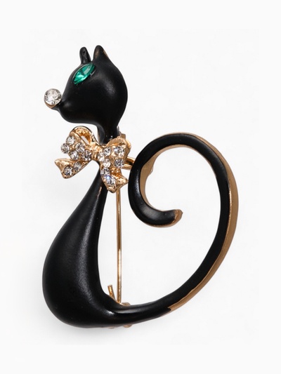 Брошь «Кошечка» загадочная, цвет чёрно-белый в золоте