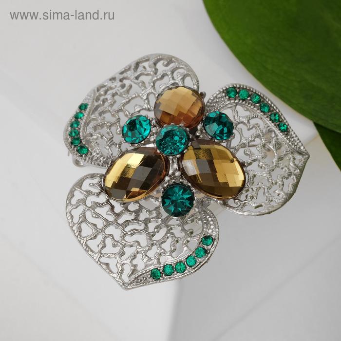 Брошь «Цветок» трилистник, цвет зелёный в серебре - Фото 1