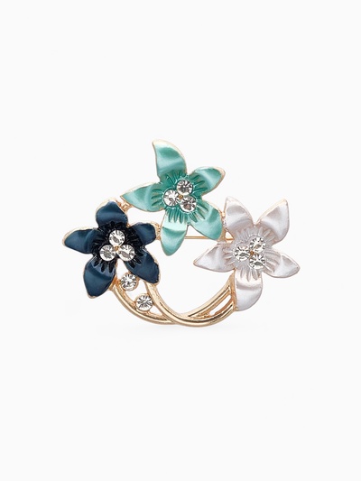 Брошь «Цветы» трио, цвет бело-сине-голубой в золоте